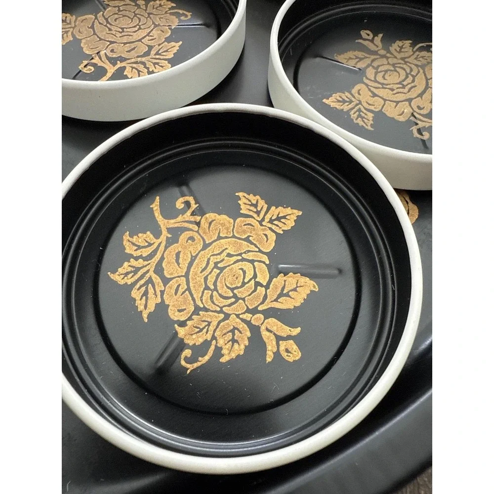 Vintage Toleware 9 Piece MCM Beverage Set Tray & Coasters Black and Gold Rose US